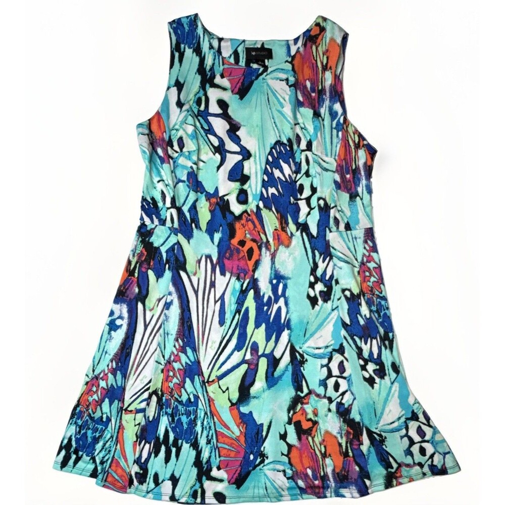 AB Studio Abstract Blue Teal Butterfly Wing ALine Dress L Scoop Neck Sleeveless